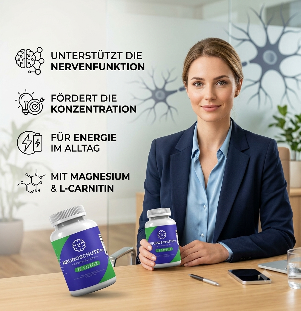 Woman holding a bottle of NeuroSchutz nerve support capsules