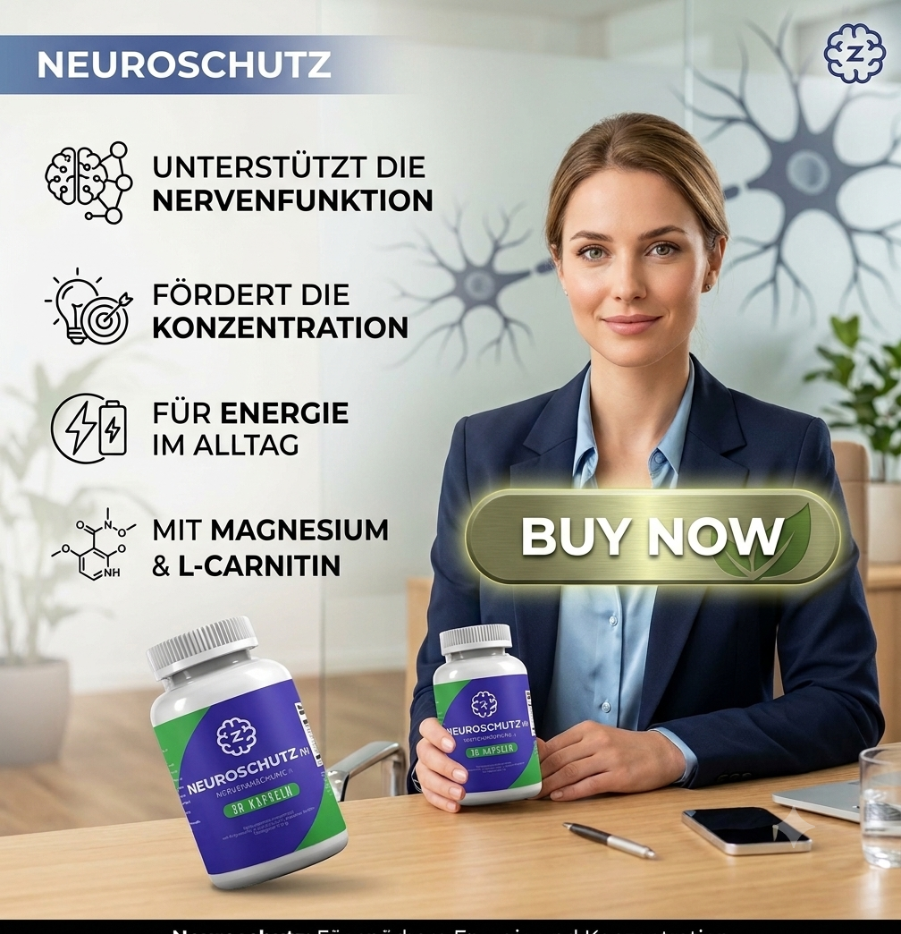 NeuroSchutz bottle with benefit icons: nerve function, concentration, everyday energy, magnesium and L-carnitine