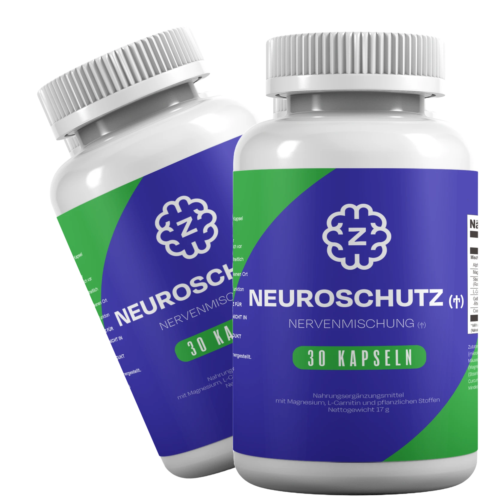 Two bottles of NeuroSchutz nerve supplement, 30 capsules each